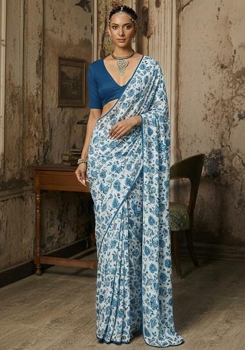 Blue Floral Print Crepe Pre Draped Saree Set