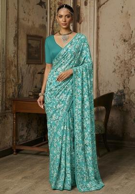 Teal Green Floral Print Crepe Pre Draped Saree Set