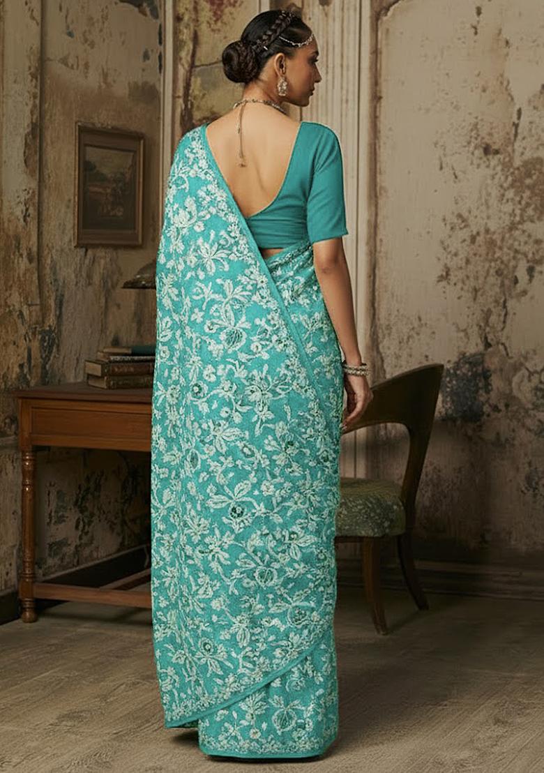 Teal Green Floral Print Crepe Pre Draped Saree Set - Indya