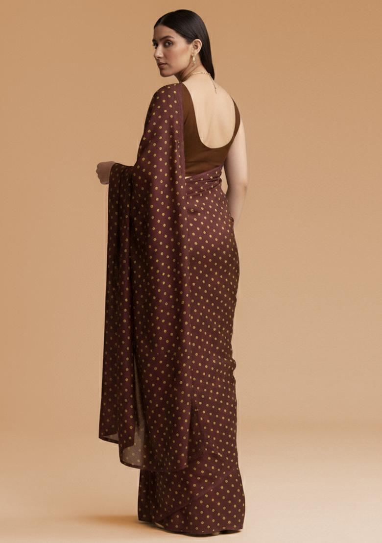 Brown Bandhani Print Crepe Pre Draped Saree Set - Indya