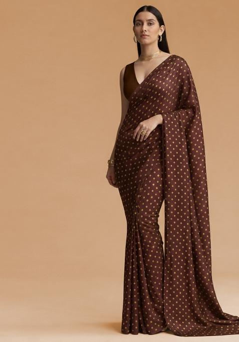 Brown Bandhani Print Crepe Pre Draped Saree Set