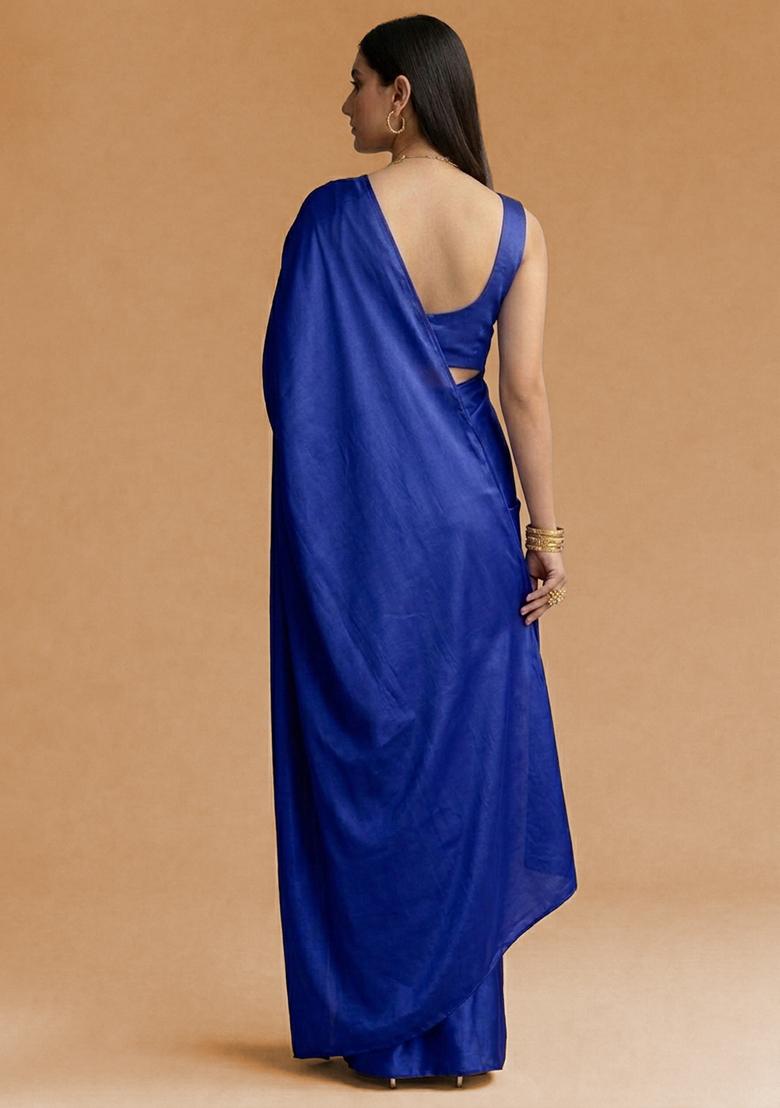 Royal Blue Solid Crepe Pre Draped Saree Set - Indya