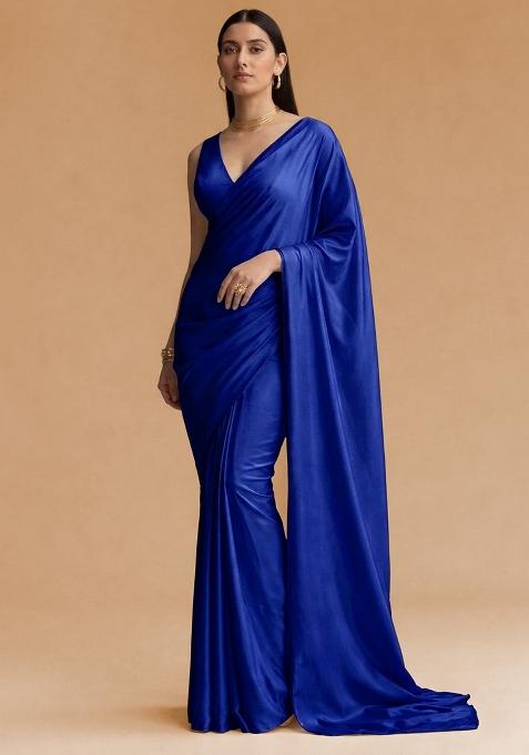 Royal Blue Solid Crepe Pre Draped Saree Set