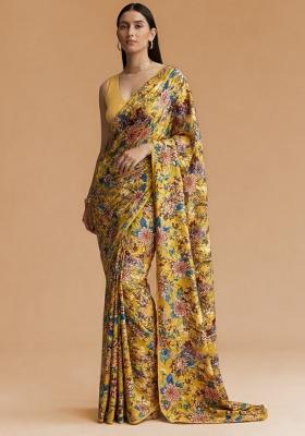 Yellow Floral Print Crepe Pre Draped Saree Set