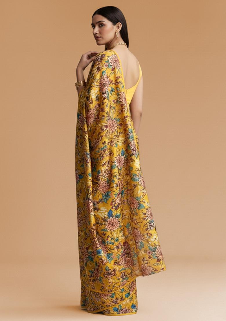 Yellow Floral Print Crepe Pre Draped Saree Set - Indya