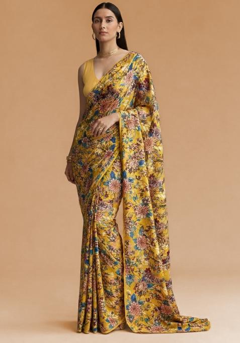 Yellow Floral Print Crepe Pre Draped Saree Set