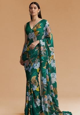 Deep Green Floral Print Crepe Pre Draped Saree Set