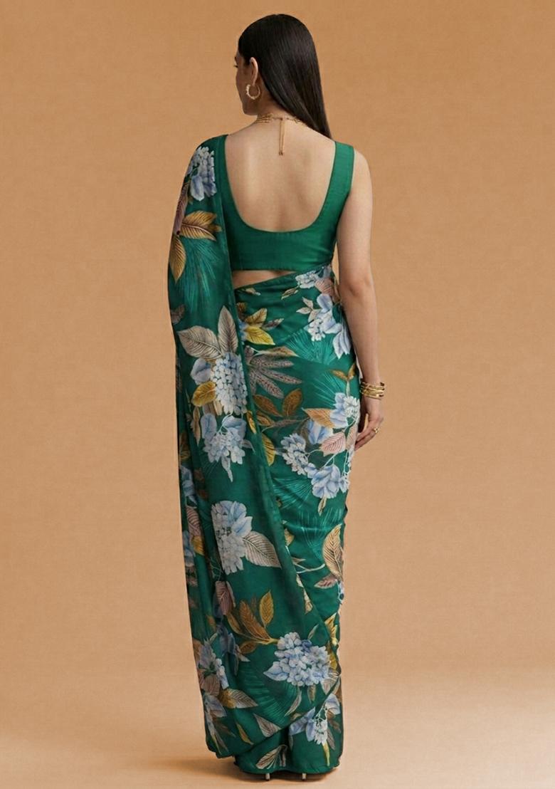 Deep Green Floral Print Crepe Pre Draped Saree Set - Indya