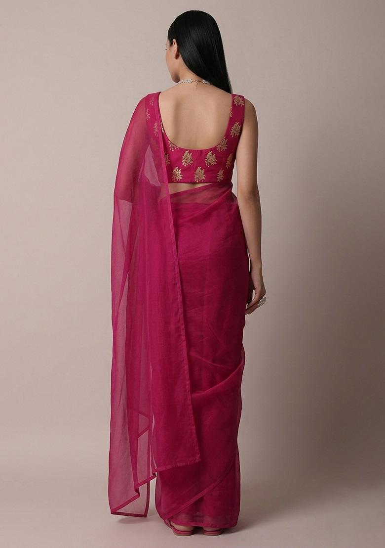 Rani Pink Jacquard Brocade Pre Draped Saree Set - Indya