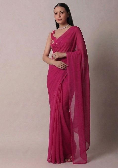 Rani Pink Jacquard Brocade Pre Draped Saree Set — view on Indya