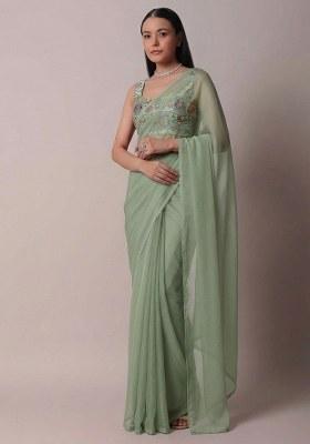 Sage Green Jacquard Silk Pre Draped Saree Set