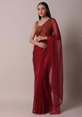 Deep Red Embroidered Crepe Pre Draped Saree Set