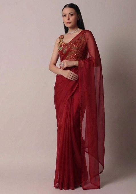 Deep Red Embroidered Crepe Pre Draped Saree Set — view on Indya