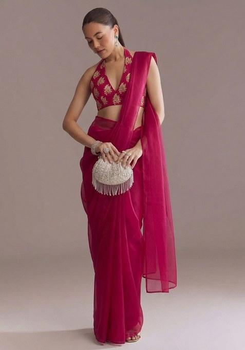 Rani Pink Jacquard Brocade Pre Draped Saree Set
