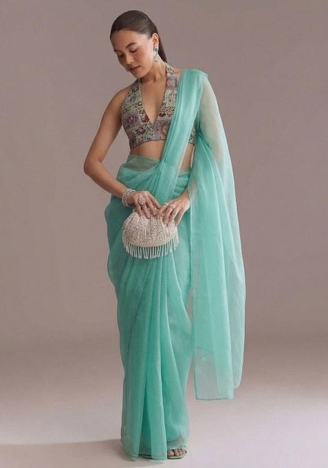 Aqua Green Jacquard Silk Pre Draped Saree Set
