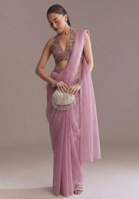 Dusty Pink Jacquard Silk Pre Draped Saree Set