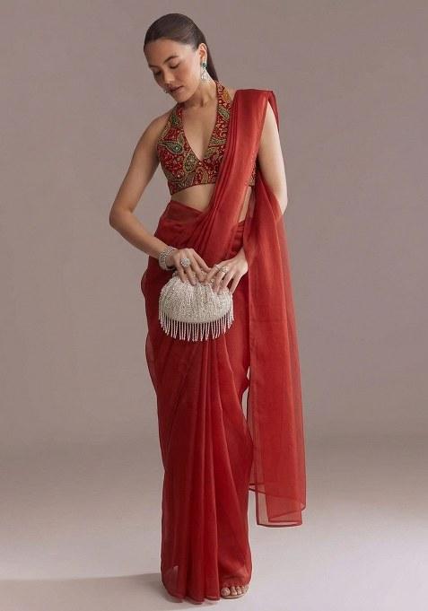 Red Embroidered Crepe Pre Draped Saree Set — view on Indya