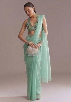 Mint Green Embroidered Crepe Pre Draped Saree Set
