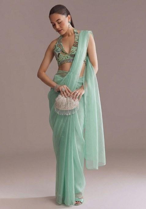 Mint Green Embroidered Crepe Pre Draped Saree Set — view on Indya