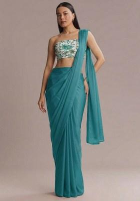 Teal Blue Printed Crepe Pre Draped Saree Set