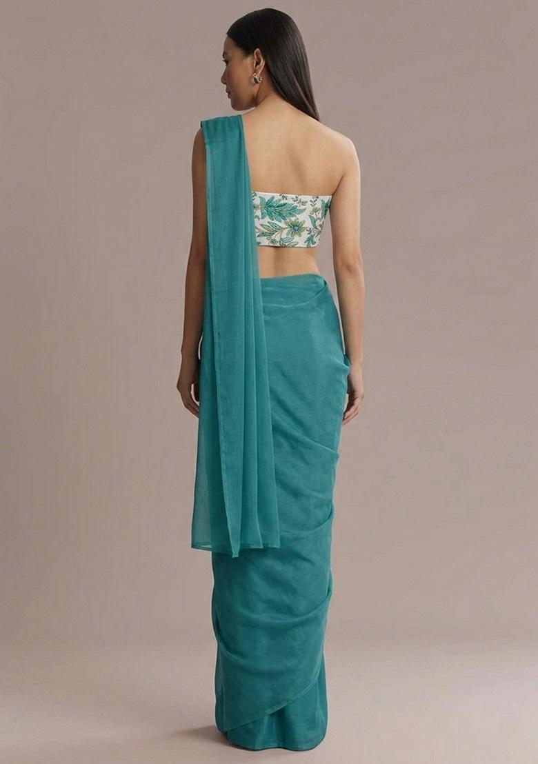Teal Blue Printed Crepe Pre Draped Saree Set - Indya