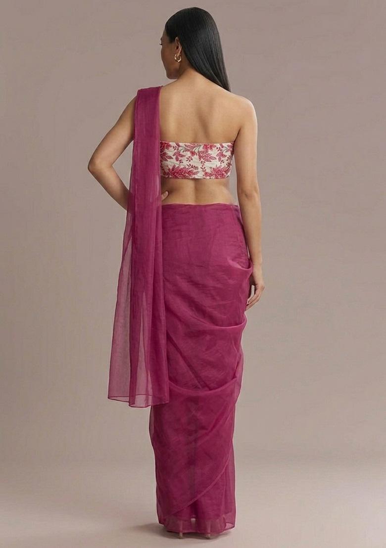 Rani Pink Floral Print Crepe Pre Draped Saree Set - Indya