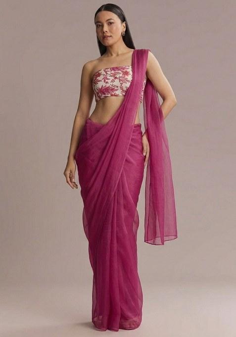 Rani Pink Floral Print Crepe Pre Draped Saree Set — view on Indya