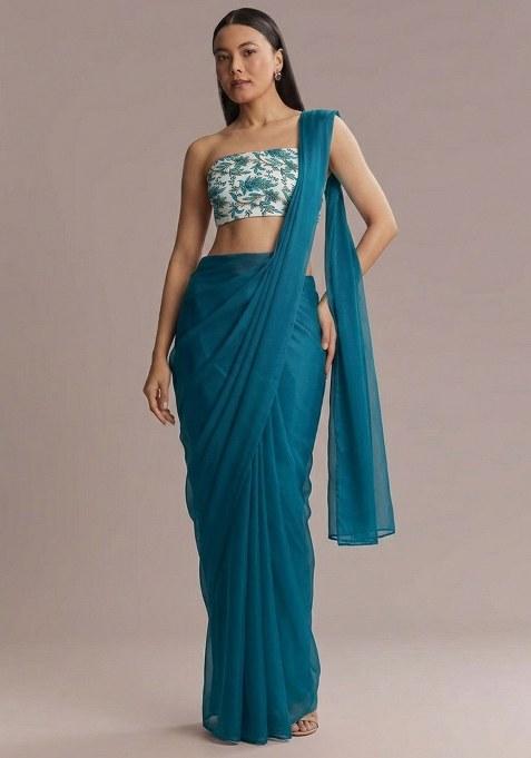 Teal Blue Printed Crepe Pre Draped Saree Set — view on Indya