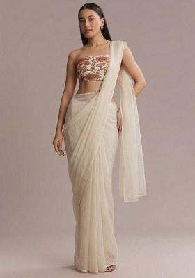 Ivory Printed Crepe Pre Draped Saree Set
