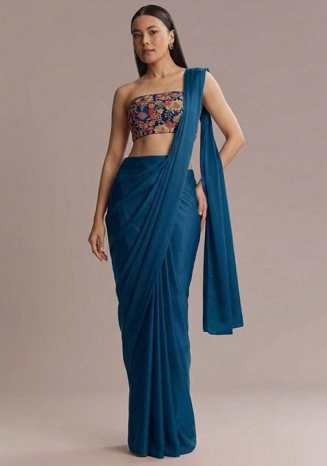 Teal Blue Printed Crepe Pre Draped Saree Set — view on Indya