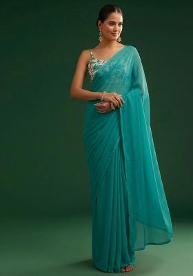 Teal Green Printed Crepe Pre Draped Saree Set