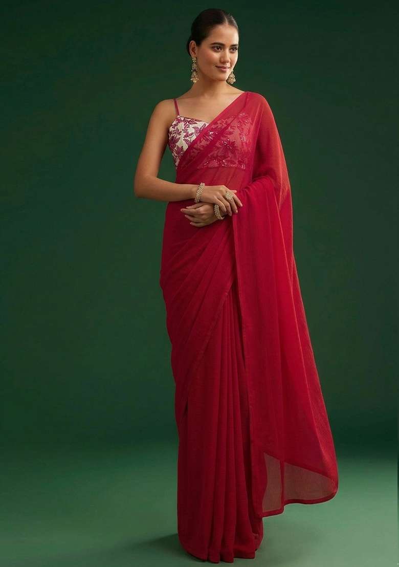 Red Printed Crepe Pre Draped Saree Set - Indya