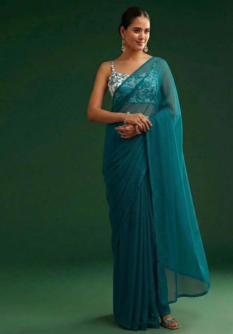 Teal Blue Printed Crepe Pre Draped Saree Set — view on Indya