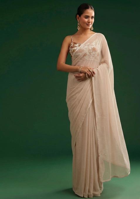 Soft Beige Printed Crepe Pre Draped Saree Set — view on Indya