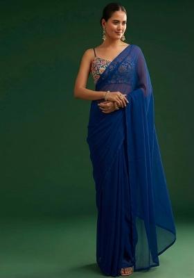 Royal Blue Floral Print Crepe Pre Draped Saree Set