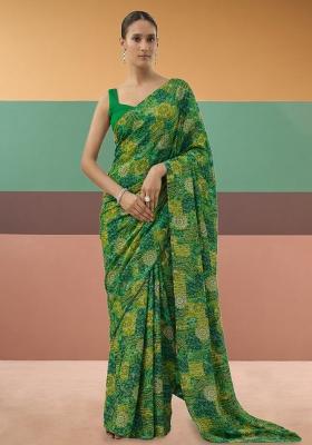 Green Printed Crepe Pre Draped Saree Set
