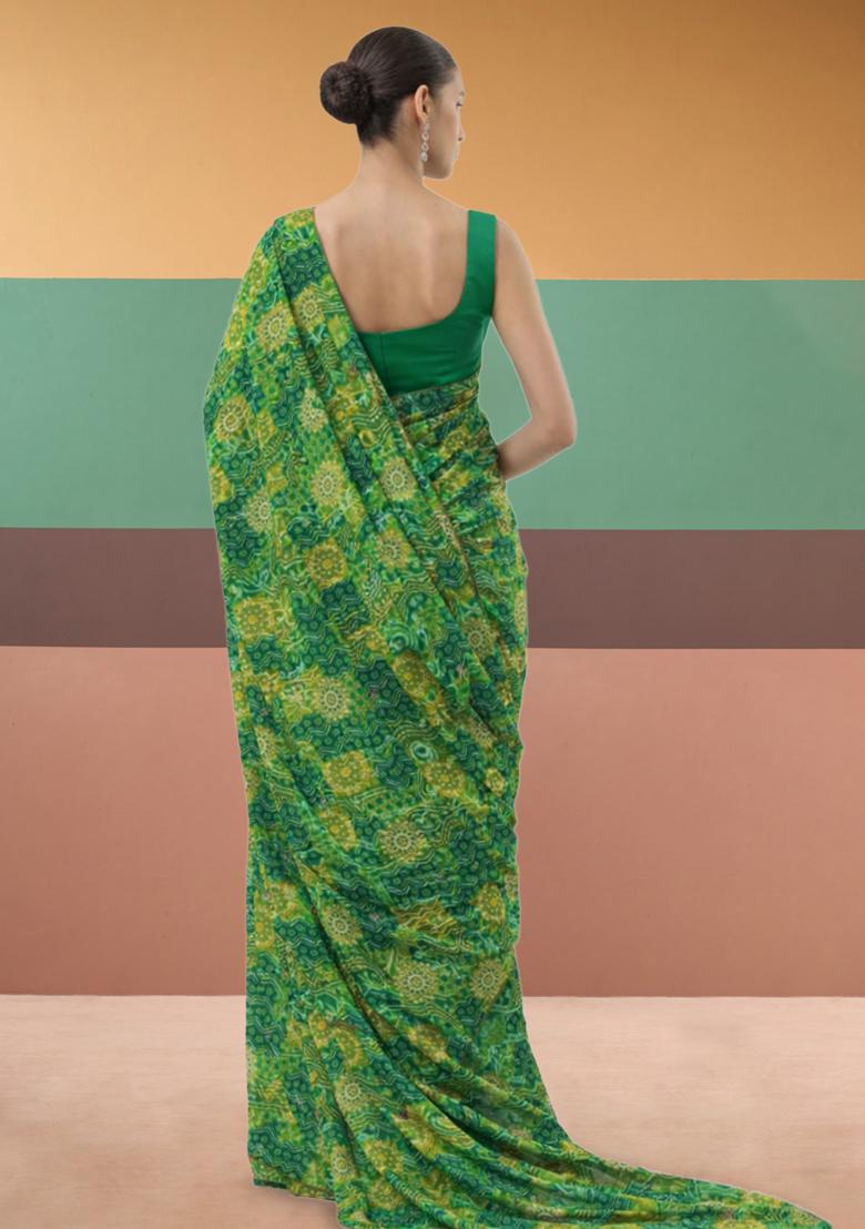 Green Printed Crepe Pre Draped Saree Set - Indya