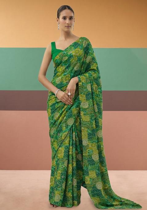 Green Printed Crepe Pre Draped Saree Set — view on Indya