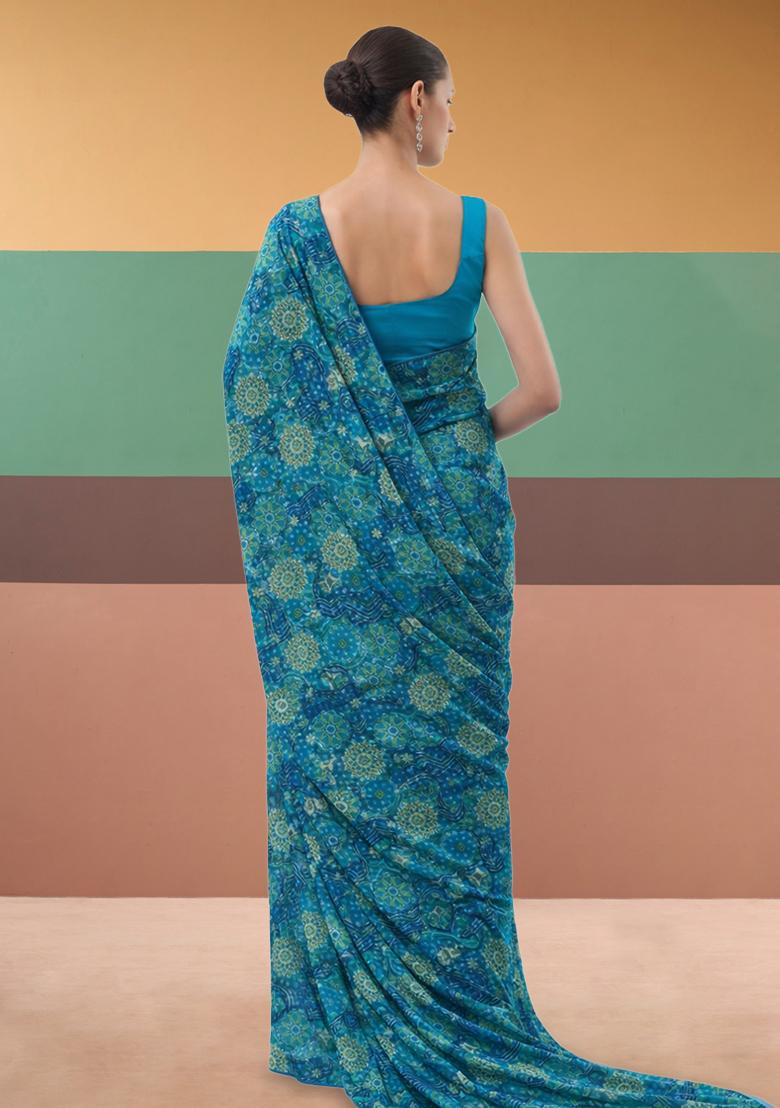 Aqua Blue Printed Crepe Pre Draped Saree Set - Indya