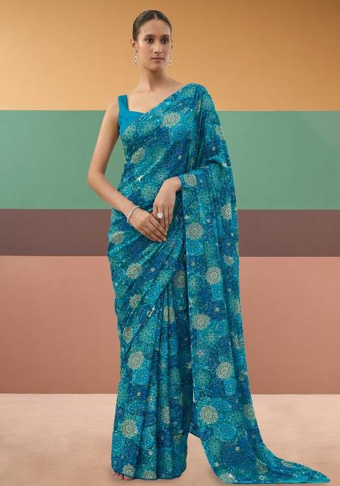 Aqua Blue Printed Crepe Pre Draped Saree Set