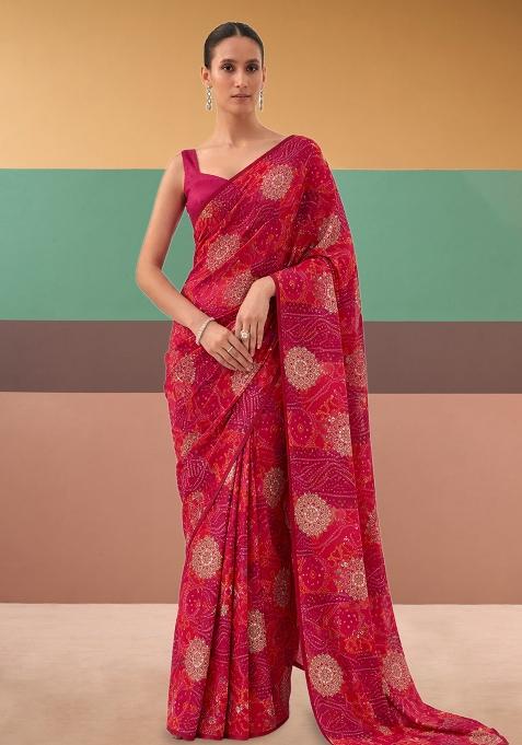 Rani Pink Printed Crepe Pre Draped Saree Set