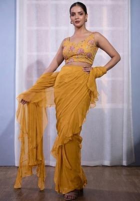 Mustard Floral Print Organza Pre Draped Saree Set