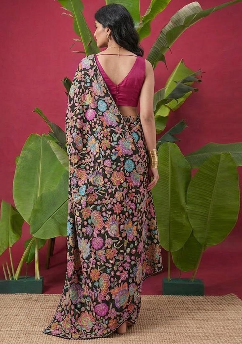 Black Floral Print Chinon Pre Draped Saree Set - Indya