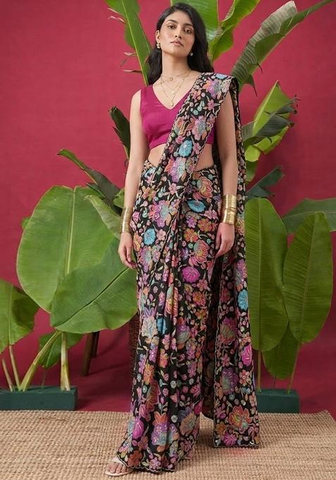 Black Floral Print Chinon Pre Draped Saree Set