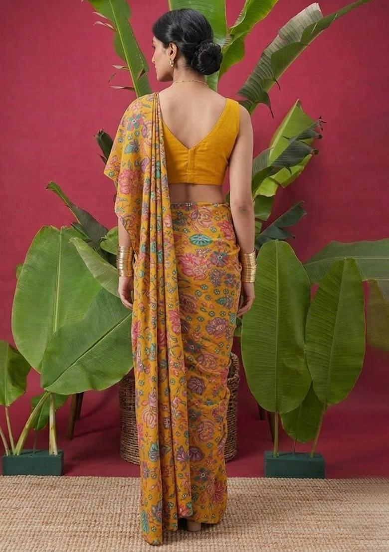 Mustard Floral Print Chinon Pre Draped Saree Set - Indya