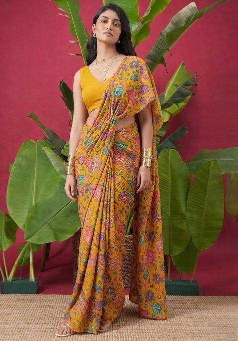 Mustard Floral Print Chinon Pre Draped Saree Set