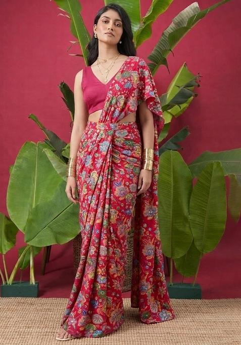 Pink Floral Print Chinon Pre Draped Saree Set — view on Indya
