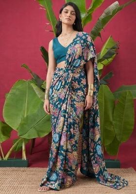 Teal Blue Floral Print Chinon Pre Draped Saree Set