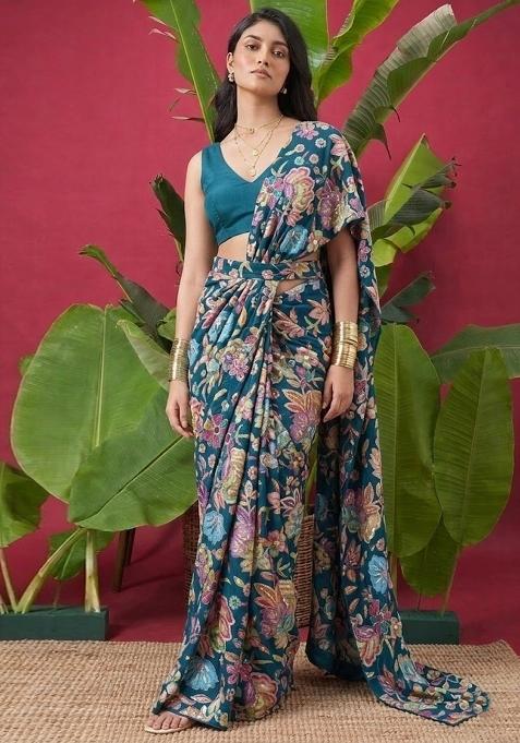Teal Blue Floral Print Chinon Pre Draped Saree Set