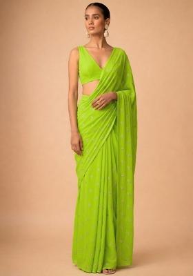Parrot Green Embroidered Organza Pre Draped Saree Set